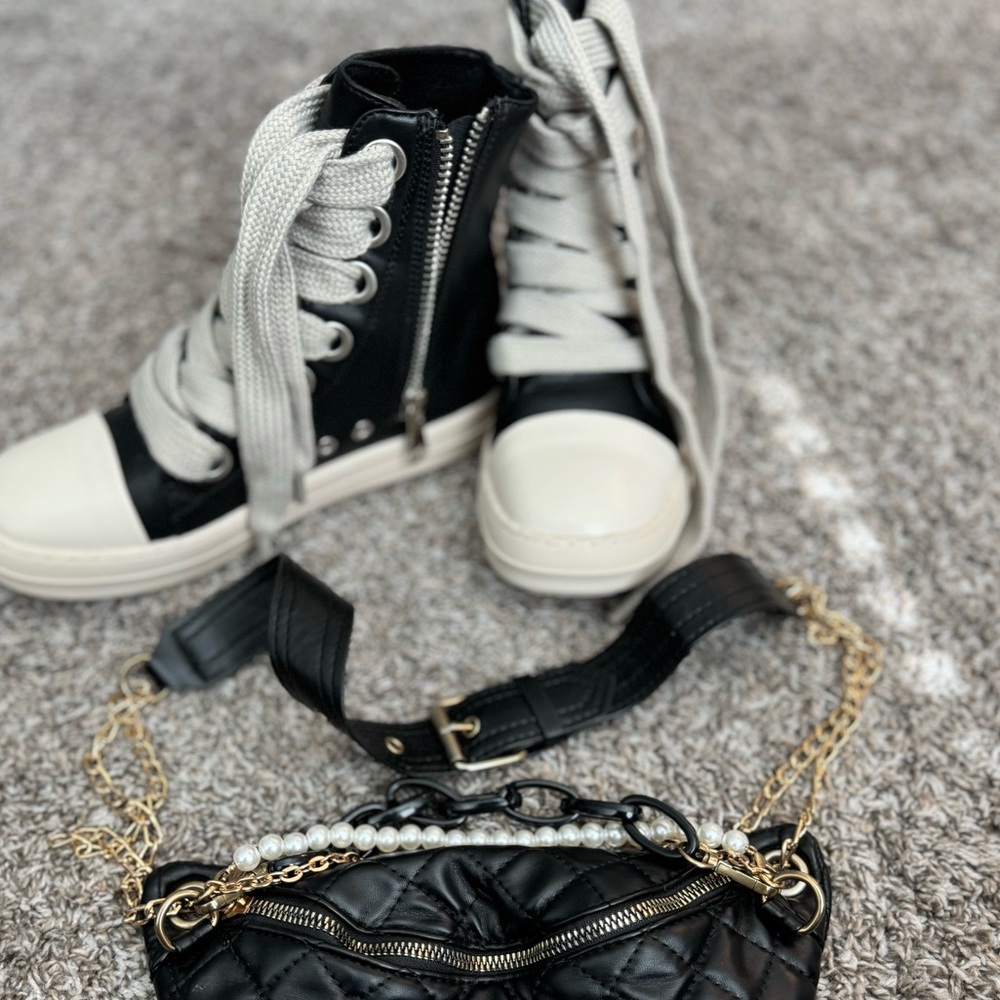 High top skate shoes (laced up) + Crossbody Fanny Pack